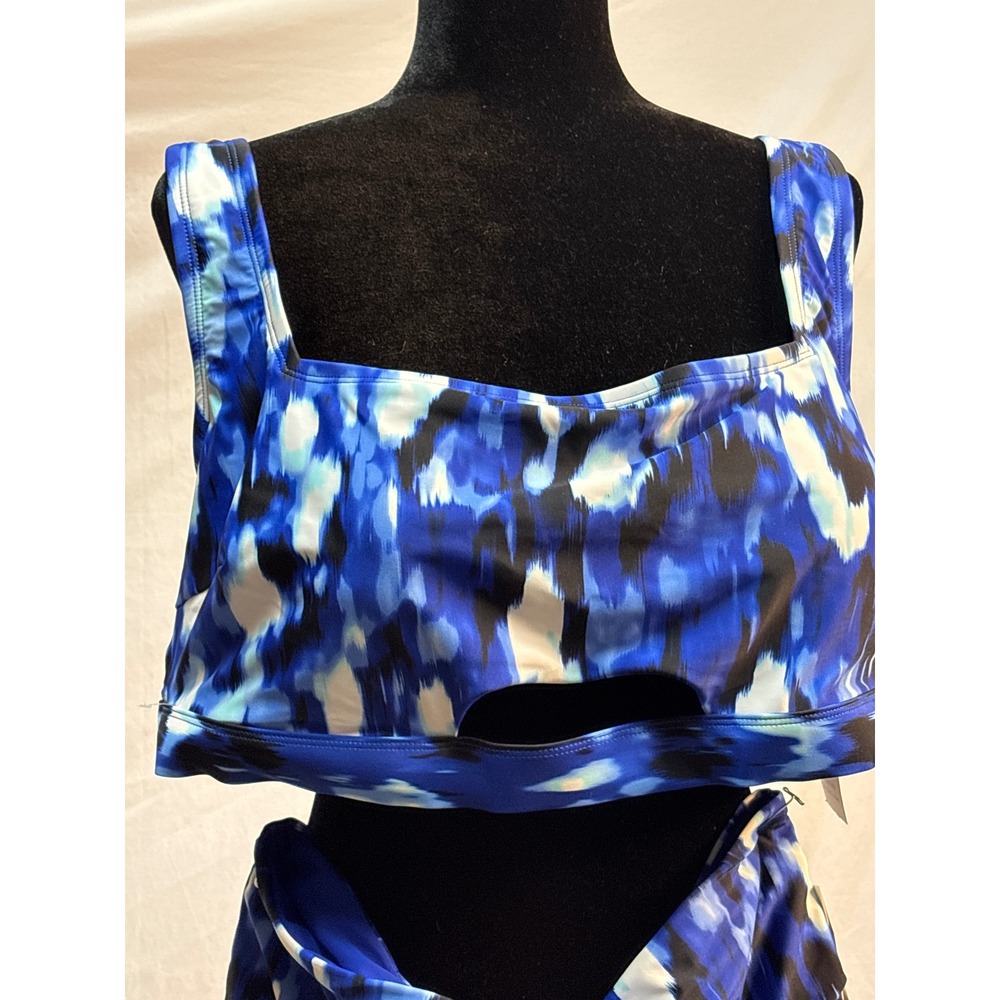 Time and Tru Blue Abstract Ikat High Waist Bikini Set Cutout Top NEW - Picture 3 of 12